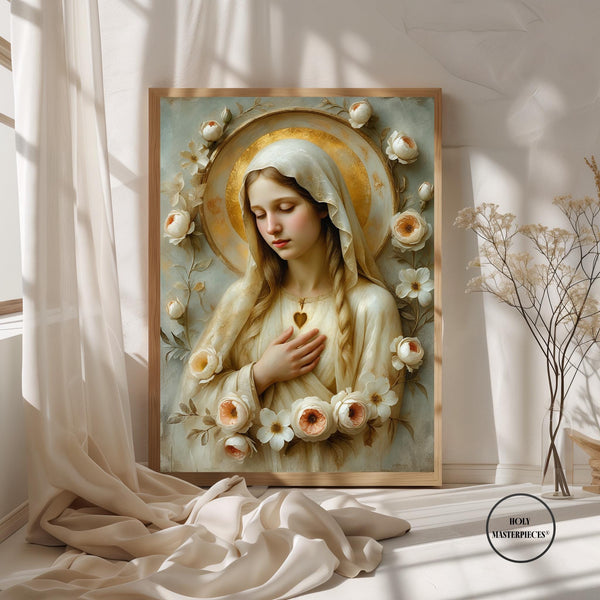 Garland with Immaculate Heart of Mary Art Print | Marian Christian Wall Art (Digital Download)