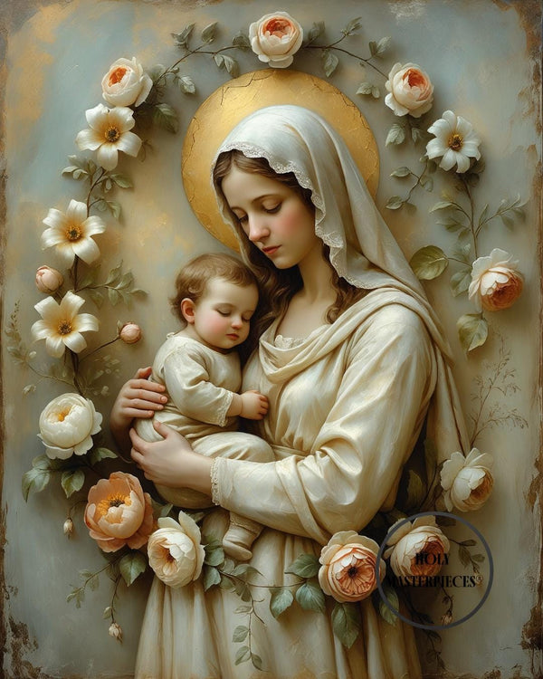 Garland with Madonna and Child Art Print | Marian Christian Wall Art (Digital Download)