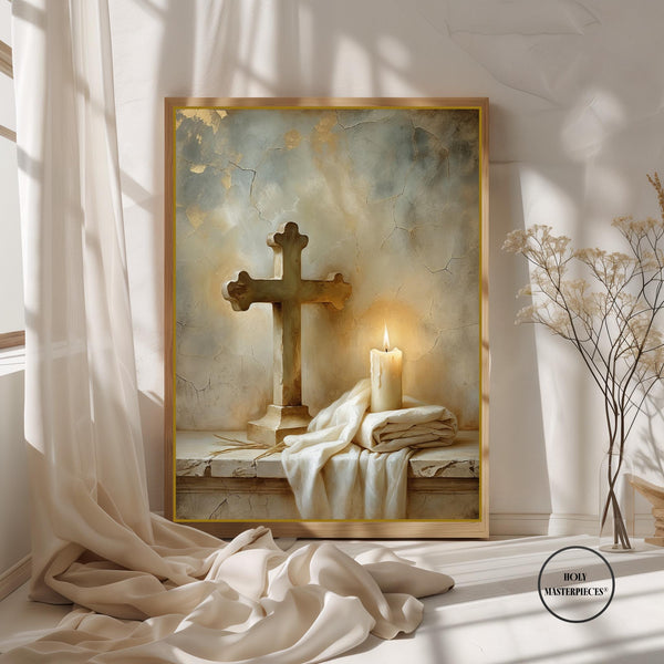 Easter Altar Art Print | Cross, Linen & Candle (Digital Download)
