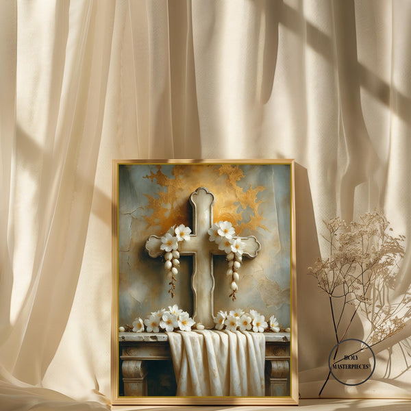 Easter Garland Art Print | Cross & White Flowers (Digital Download)